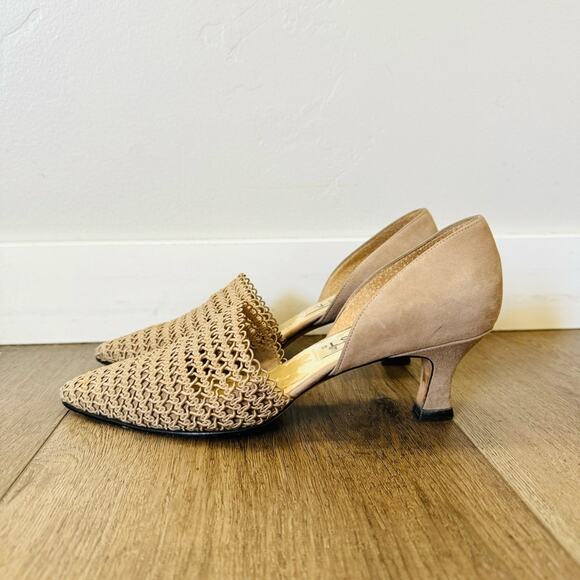 Nine West 80s vintage tan woven toe suade back Heels woman’s 8 - Picture 2 of 11
